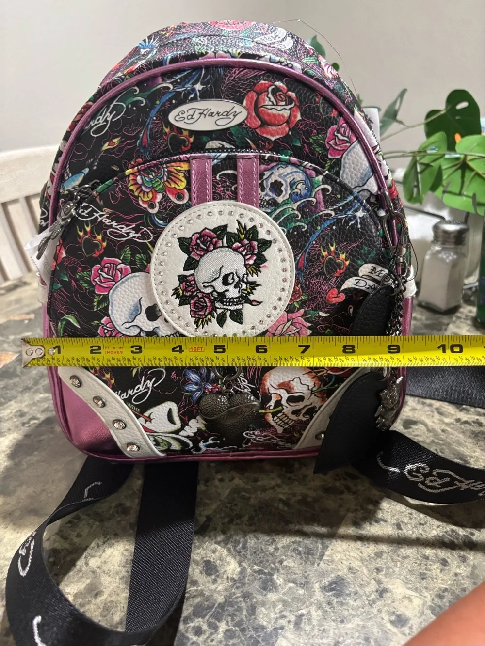 Ed Hardy Black Floral Skull Mini Backpack with Pink Accents